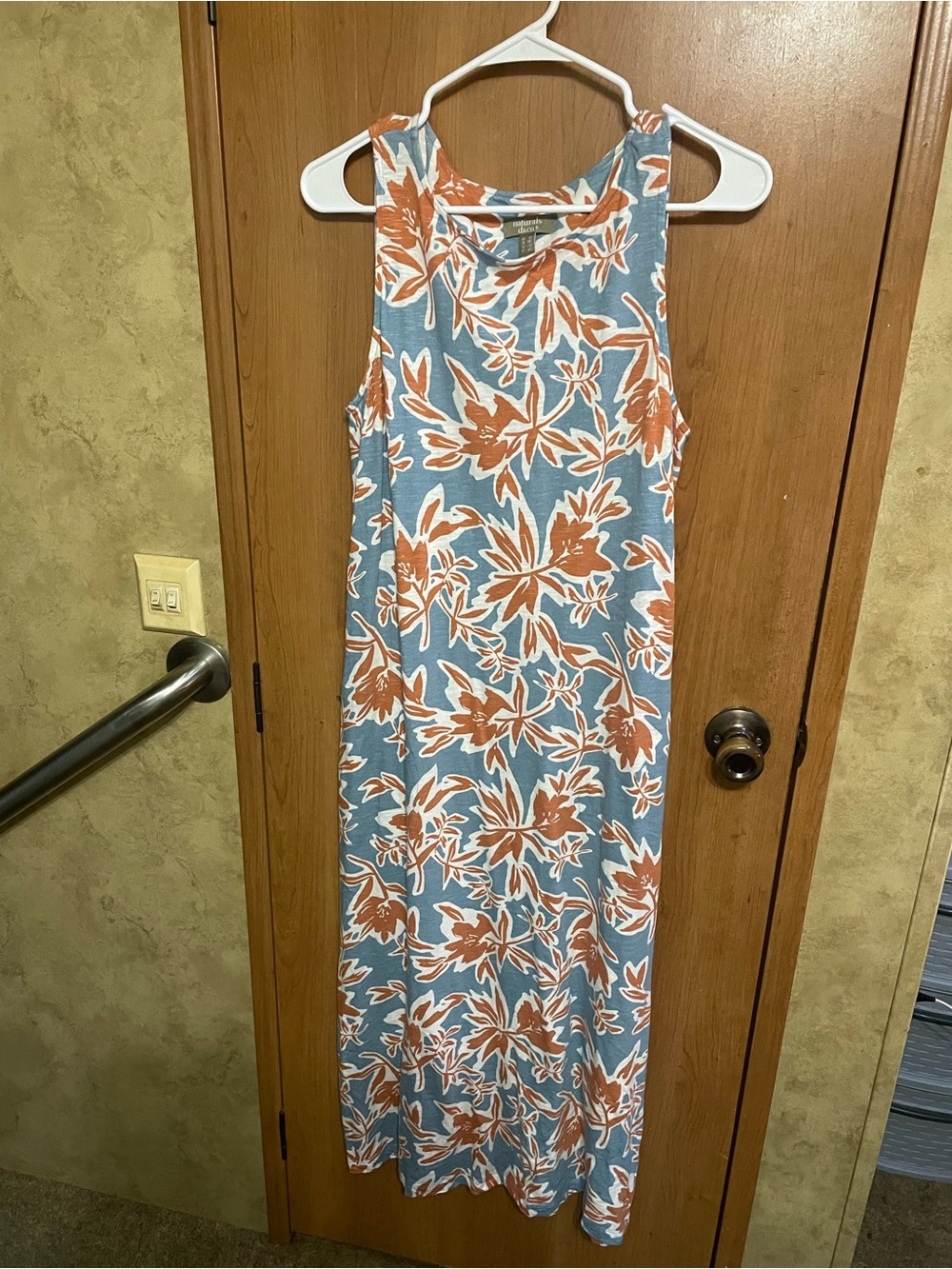 Striped Blue Floral Strapless Maxi Dress with Rust Blooms